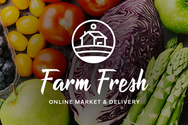 Farm Fresh logo on a background of vegetables